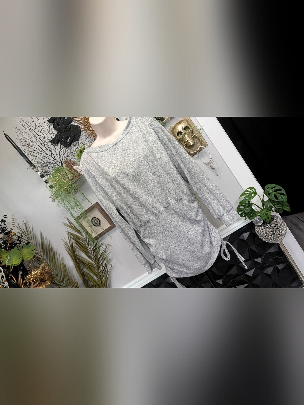 Grey Cinched Side Rouched Long Sleeve Sweater Top 1XL